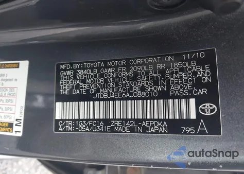 2010 Toyota Corolla Le из США, поврежденный, VIN JTDBU4EE6AJ088010